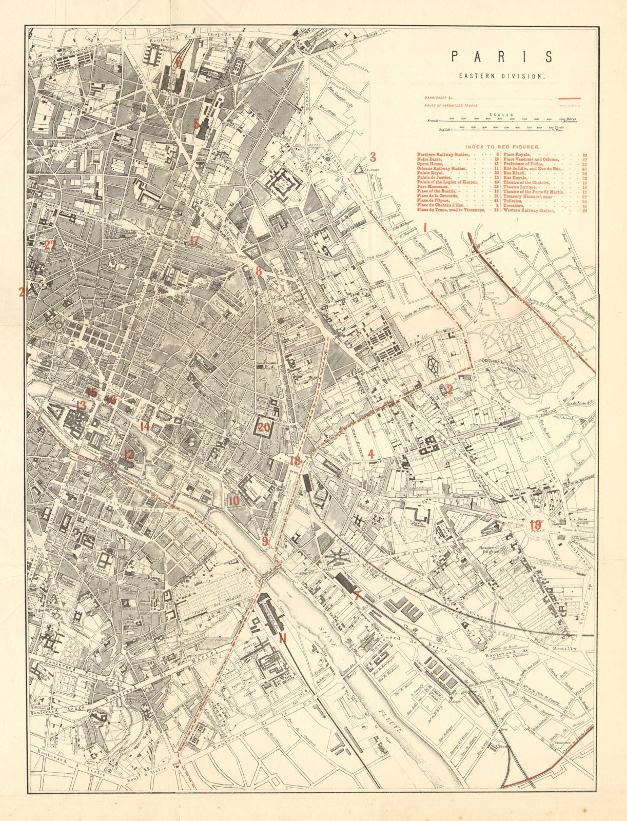 PARIS EAST. Franco-Prussian War. Barricades. Versailles troops routes 1875 map